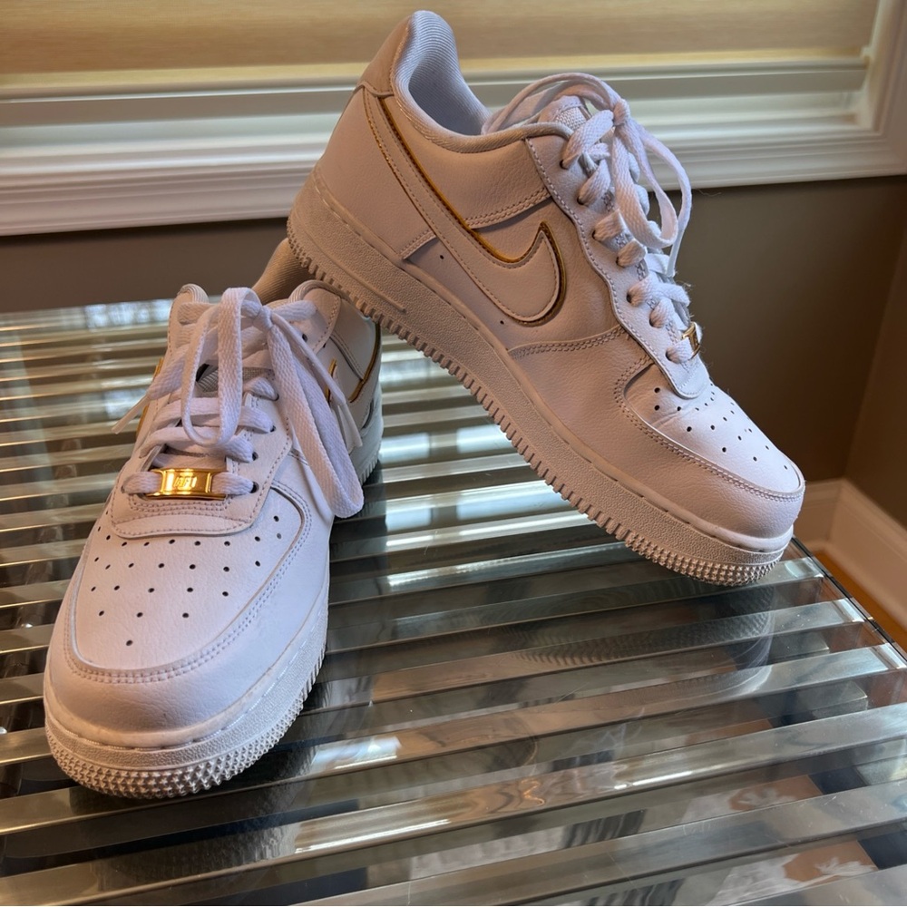 Nike White and Gold AF-1 Women's Sneakers